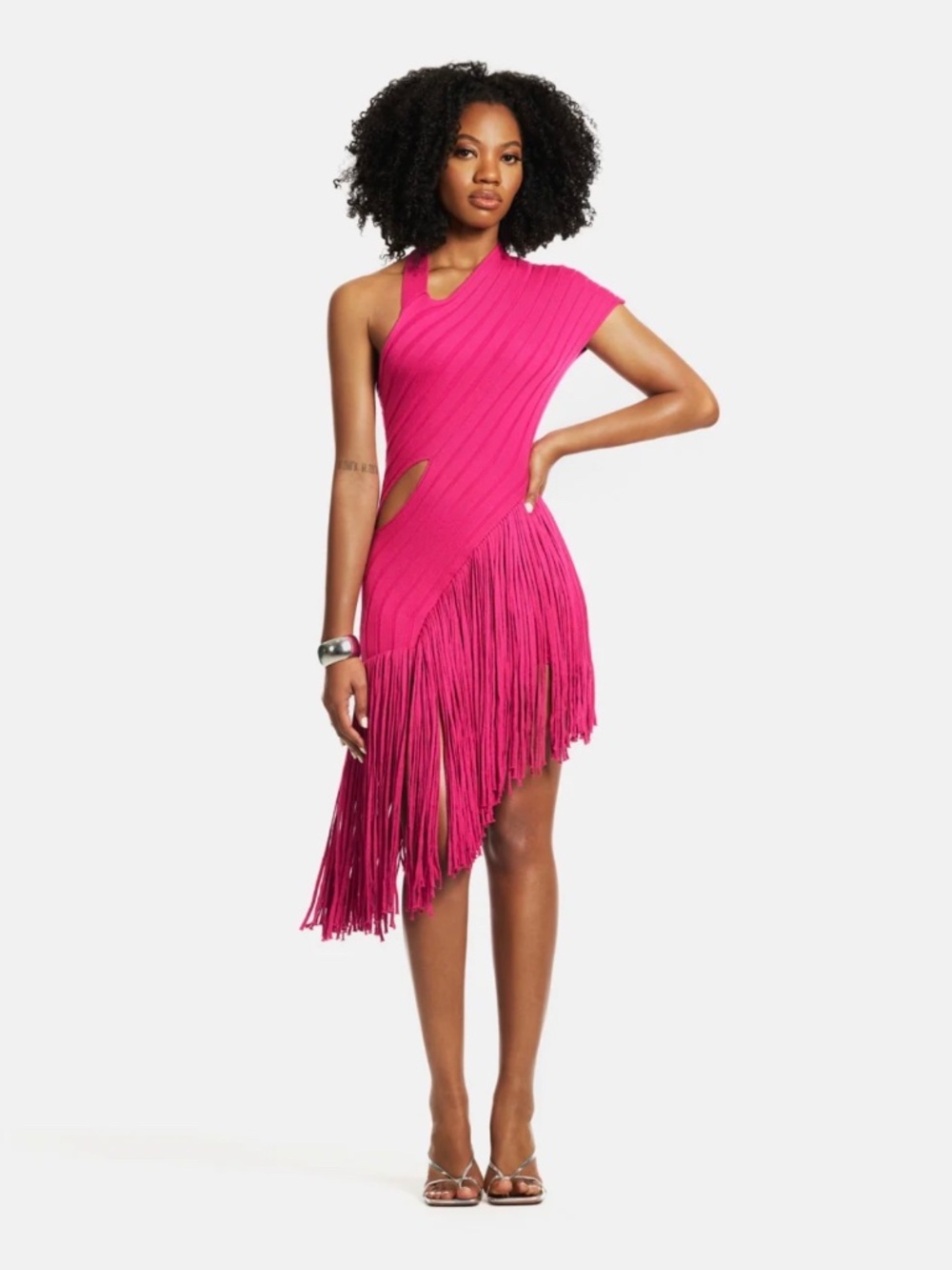 Hanifa Vibrant Pink Assummetrical Fringe Dress